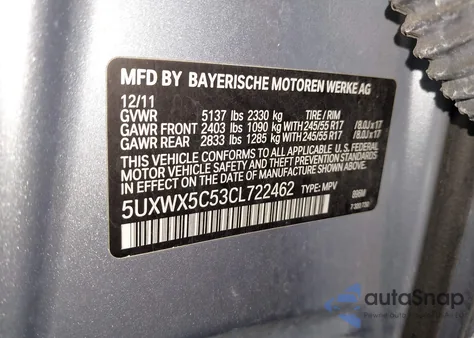 2012 BMW X3 xDrive28I z USA, uszkodzony, nr VIN 5UXWX5C53CL722462